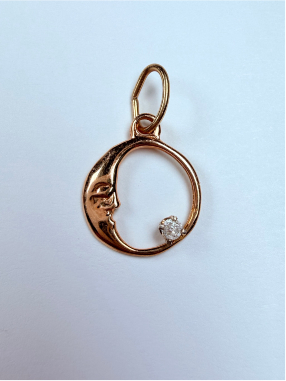 14K Solid Yellow Gold Diamond Round Crescent Moon Face Celestial Pendant